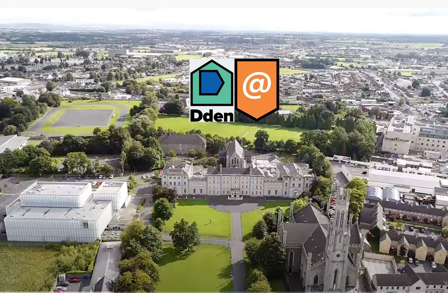 Arial view of Carlow College, St Patricks , the Visual and Cathederal with D den summer camps logo